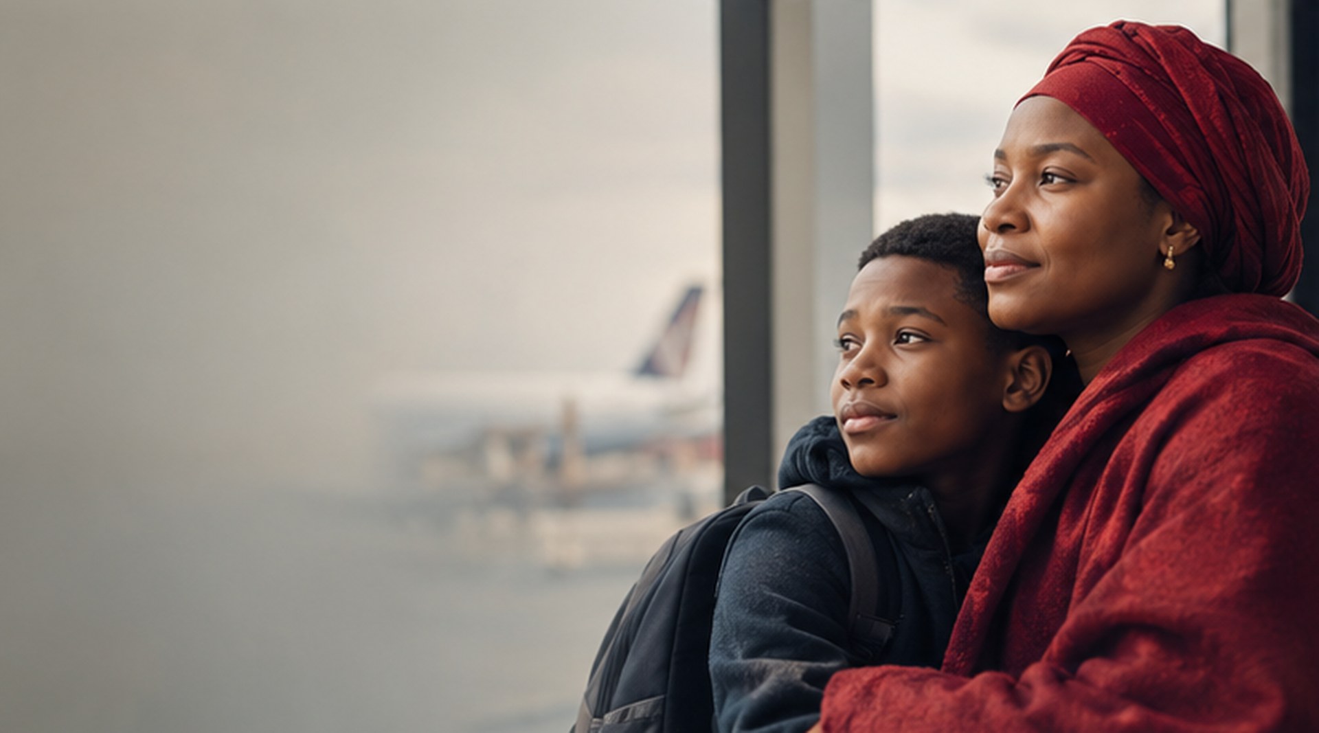 A mother and her son looking out of an airport window toward an aircraft