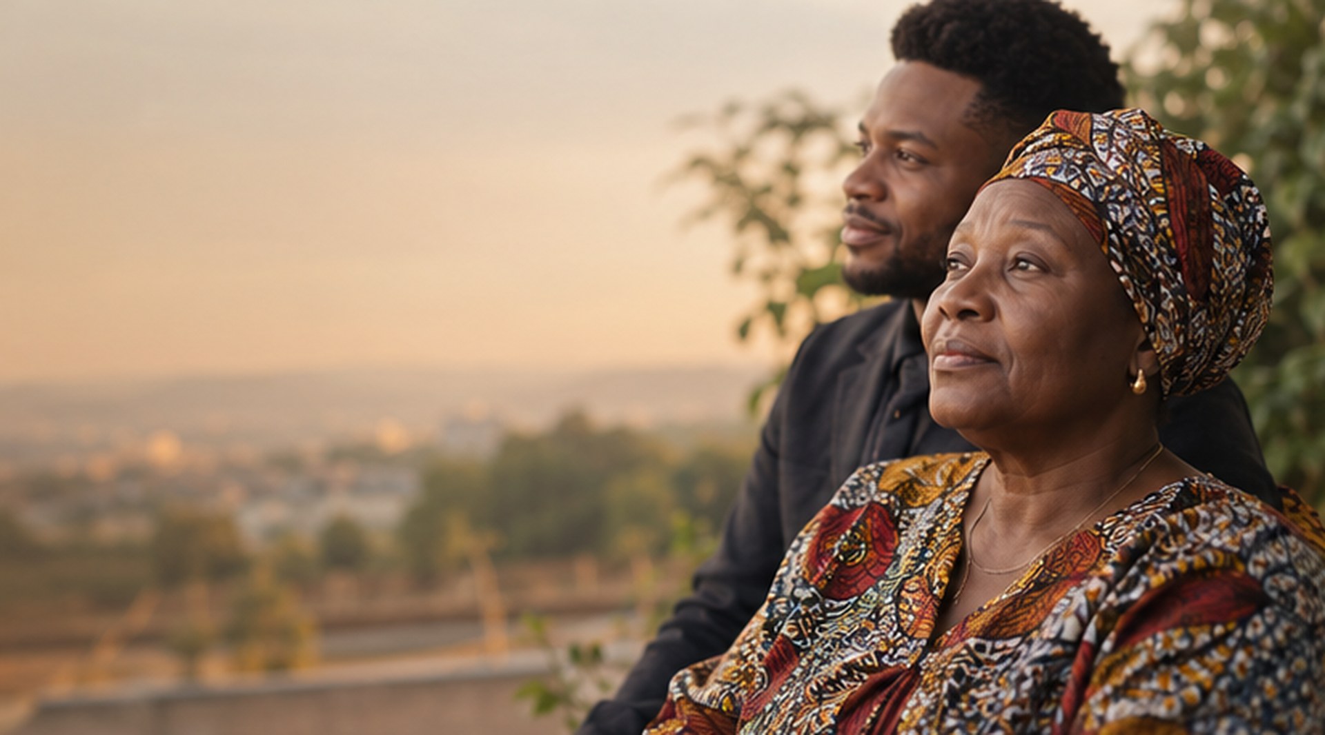 An elderly woman in traditional dress and a younger man looking toward the sunset together