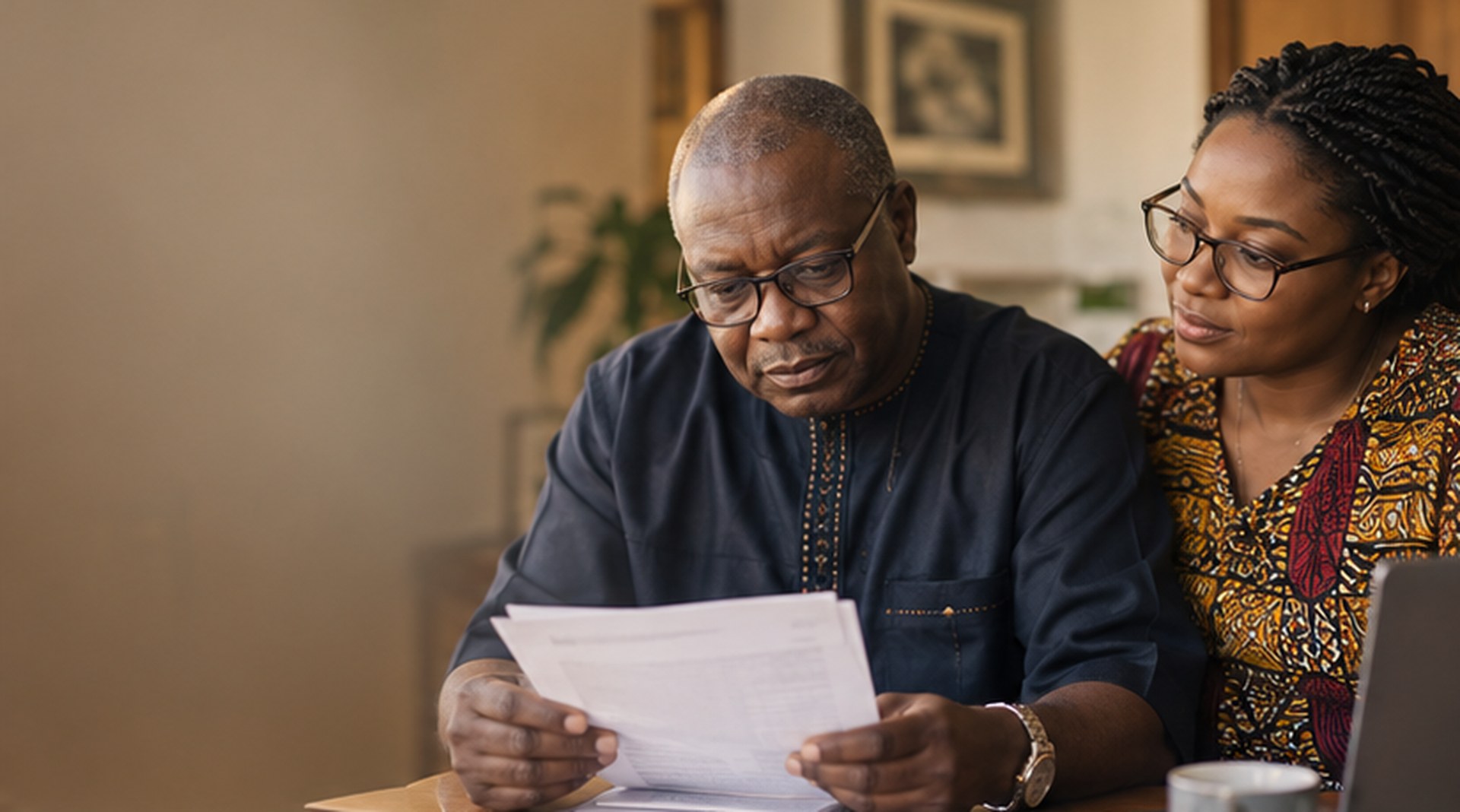 A father and daughter reviewing paperwork together at a table